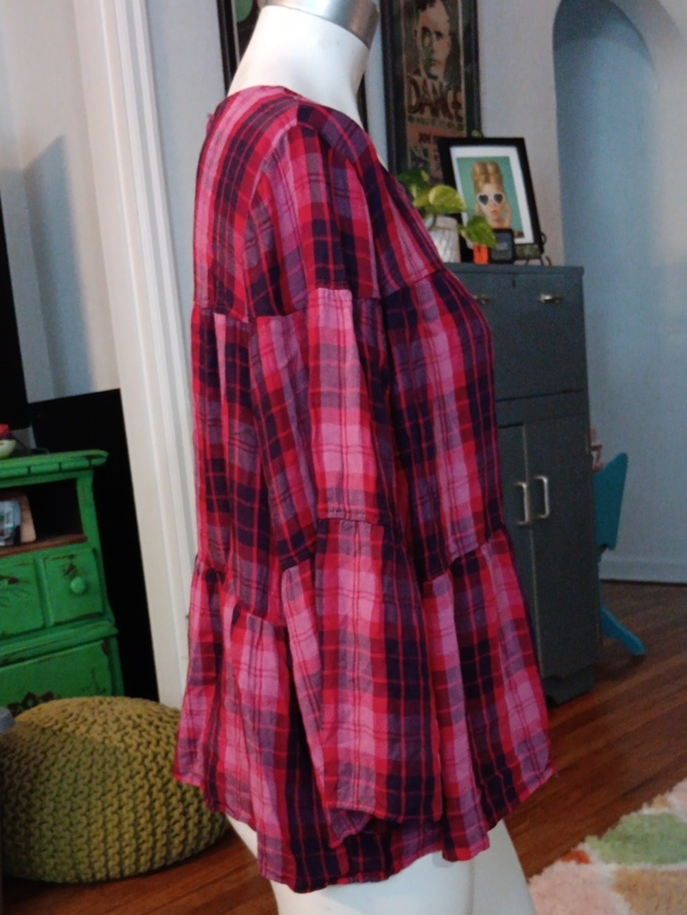 🎆a.n.a Pink and Black Plaid Tiered Peasant Tunic🎆 3/$15 - Picture 3 of 5